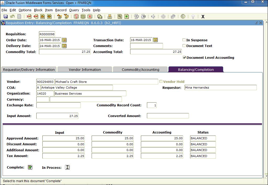 BALANCING/COMPLETION CREATING A REQUISITION This window displays summary information. The Commodity and Accounting line items need to balance before completing a REQ.