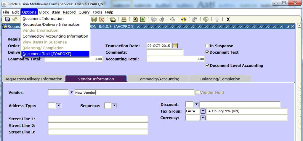 Appendix A Document and Item Text (FOAPOXT) DOCUMENT TEXT (optional): Allows you to enter text that applies to the entire Requisition (new vendor information,