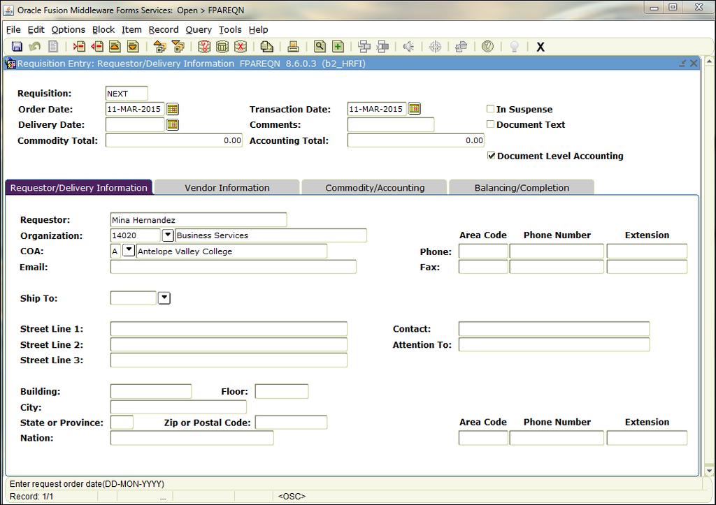 REQUESTOR/DELIVERY INFORMATION CREATING A REQUISITION 1. 2. 3. 4. 6. 7. 8. 9. 10. 11. 12. WHRS 13. 14. NOTE: Use the <TAB> to move field to field.