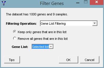 Click the radio button Keep only genes that are in this list, and select OK. Repeat the steps to create a Hierarchical Clustering on the new filtered list you just created.