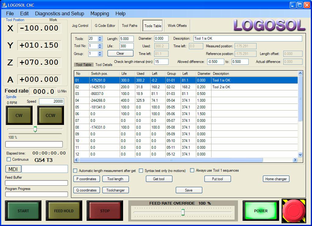 Tools control Open Tools Table to setup tools parameters and toolchanger control procedures. Tool Life management Each tool has Life and Group parameters assigned.