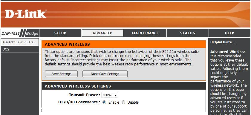 Advanced Advanced Wireless This section allows uses to change the LAN Settings. We do not recommend changing these settings from the factory default.