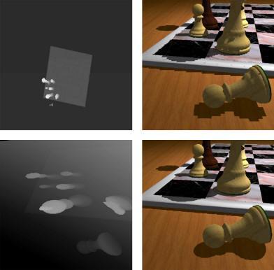 CHAPTER 2. BACKGROUND & RELATED WORK Figure 2.4: Shadow quality improvements of the perspective shadow map algorithm. The top images are of standard shadow mapping and have bad shadow map aliasing.