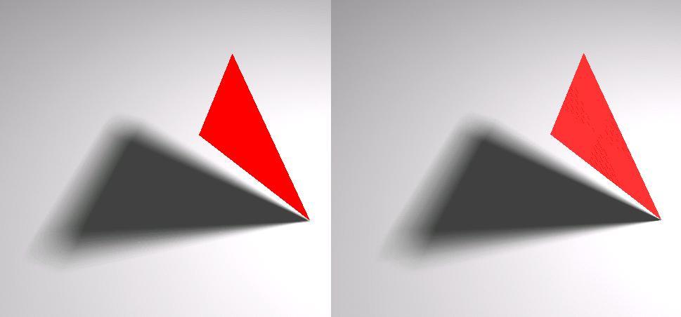 The upper images shows the penumbra wedge algorithm diverging significantly from the reference image, whereas in the bottom images the results are extremely close. end points.