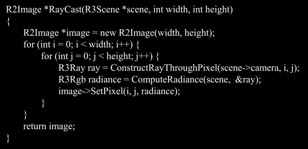 Ray Casting R2mage *RayCast(R3Scene *scene, int width, int height) { R2mage *image = new R2mage(width, height); for (int i = 0; i < width; i++) { for (int j = 0; j < height; j++)