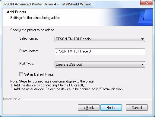 6 The Add Printer screen appears. Configure the printer driver and port to use, and click the [Next] button.