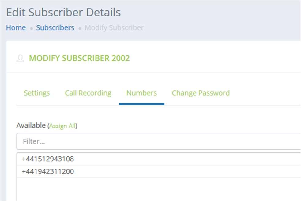 Direct Dial Number or DDI. Selecting the Numbers tab in the Modify Subscriber screen will provide a list of available or assigned numbers for the subscriber selected.