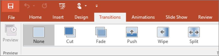 Set up how your slides change from one to the next on the Transitions tab.