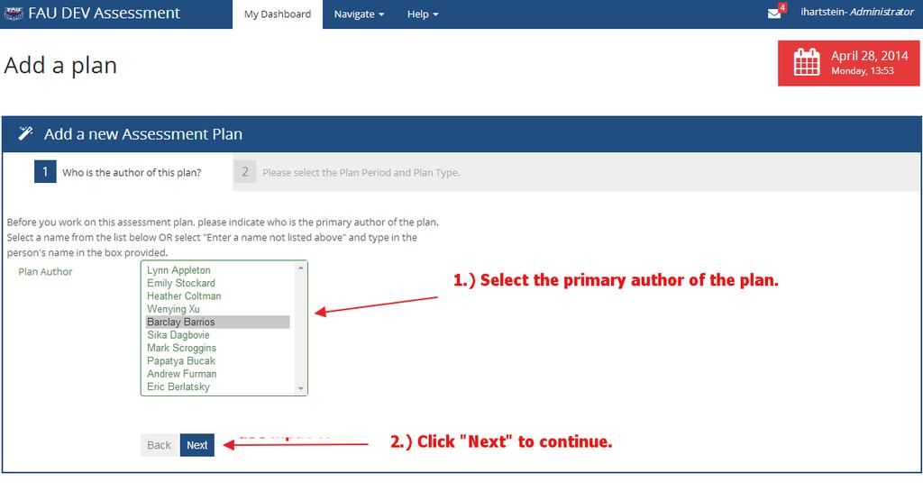 3) Select the primary author of the plan and click Next to continue.