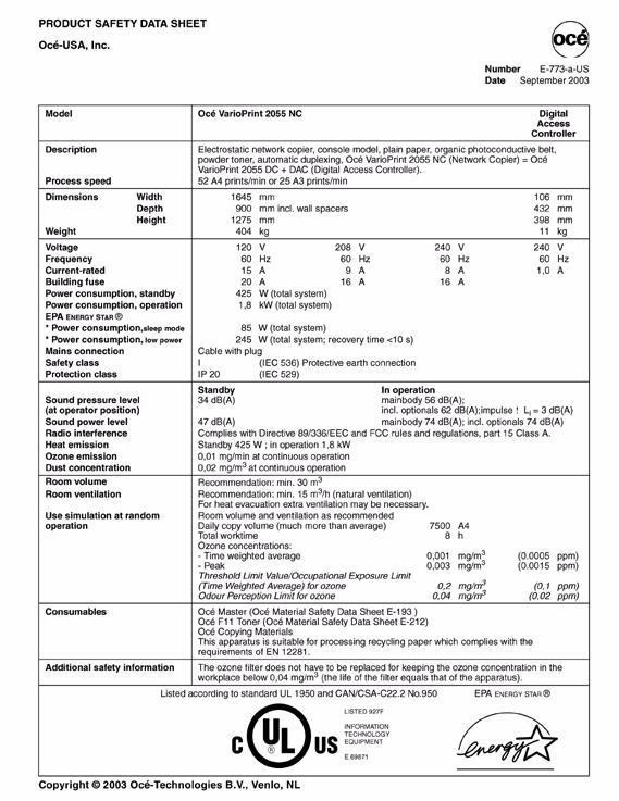 Safety data sheet Océ VarioPrint 2055 NC The content of this safety data sheet is subject to the disclaimer of