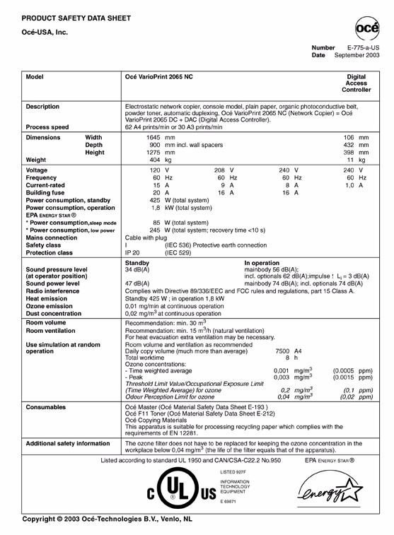 Safety data sheet Océ VarioPrint 2065 NC The content of this safety data sheet is