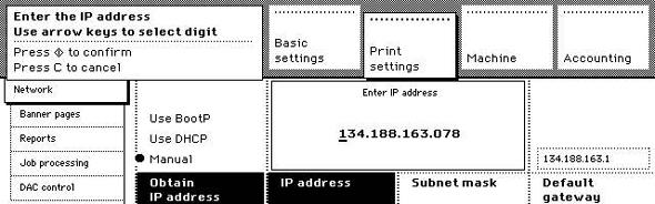 Entering the IP address information 1 Activate the 'Print settings' section. 2 Open the 'Network' card. 3 Press the 'Obtain IP address' function key to select the address assignment.
