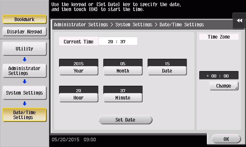 .16 Setting time/date in machine.16 Setting time/date in machine When a log-on to the Administrator Mode becomes successful, the machine enables setting of the time-ofday and date.