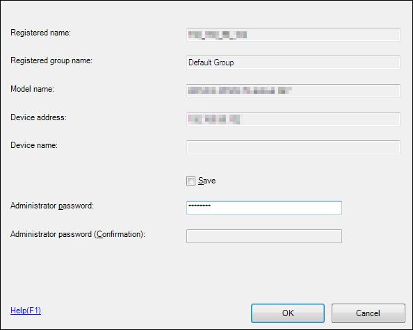 4 Type the Administrator Password registered in the machine and click [OK]. % If the "Save" check box has been selected, the Administrator Password entered is stored in the PC being used.