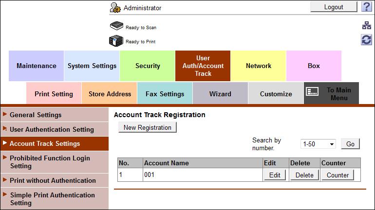 .10 Account Track Setting Function <From Web Connection> 0 For the procedure to access the Admin Mode, see page -.