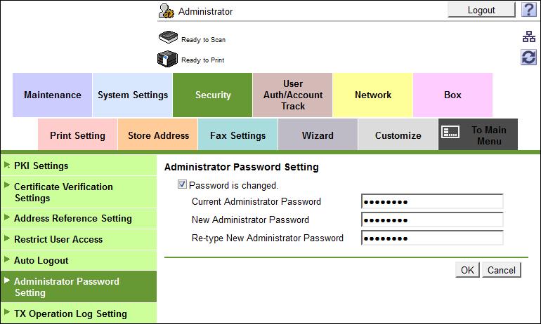 .1 Changing the Administrator Password <From Web Connection> 0 For the procedure to access the Admin Mode, see page -.