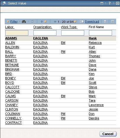 Chapter 2: Dynamic Value List Tab list displays the Labor,