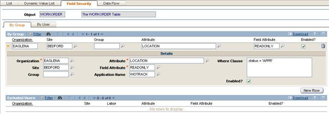 Creating Field Security Records Example 4: Using a Where Clause This example shows how to use a Where Clause to make the Location attribute on the Work Order Tracking screen read only on approved