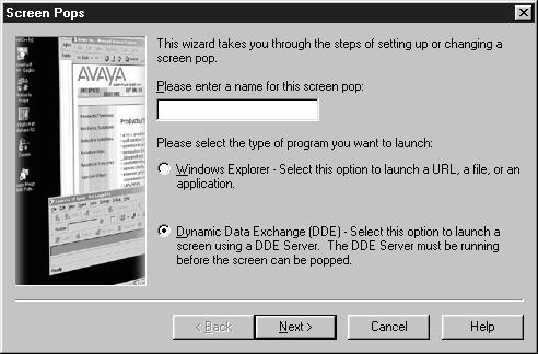 Creating a DDE screen pop Creating a DDE screen pop This section provides the procedure for starting a DDE screen pop when Avaya IP Agent receives an incoming call or when an outgoing call is made.