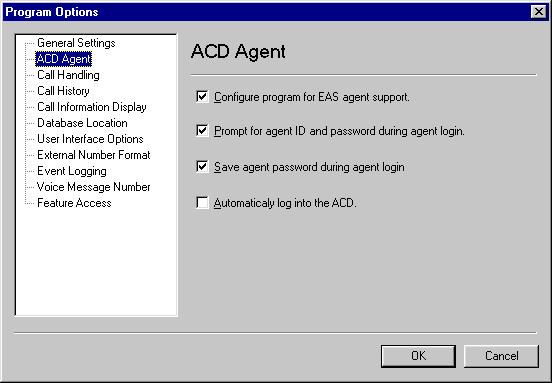 Avaya IP Agent option dialogs ACD Agent panel The ACD Agent panel contains the following items: Configure program for EAS agent support - When this check box is enabled, Avaya IP Agent supports the