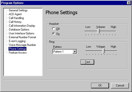 Avaya IP Agent option dialogs Phone Settings panel The Phone Settings panel is only visible for CallMaster VI configurations.