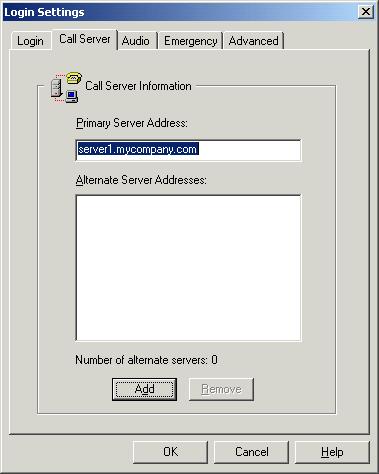 Login Settings dialog box Call Server tab The Server tab of the Login Settings dialog box contains the following controls: Primary Server Address - This field contains the domain name or IP address