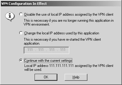 Chapter 5: Running Avaya IP Agent Registering while using a VPN If the VPN feature of Avaya IP Agent has been enabled through the Login Settings dialog box, the VPN Configuration In Effect dialog box