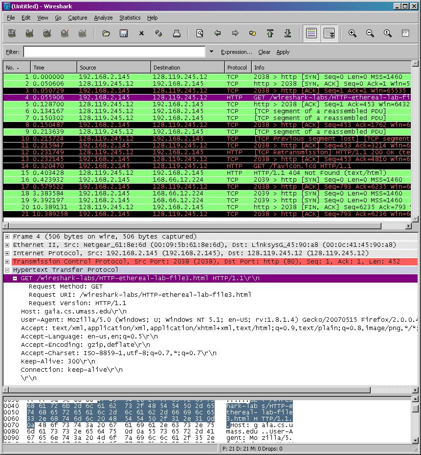 Stop Wireshark packet capture. First, find the packet numbers (the leftmost column in the upper Wireshark window) of the HTTP GET message that was sent from your computer to gaia.cs.umass.