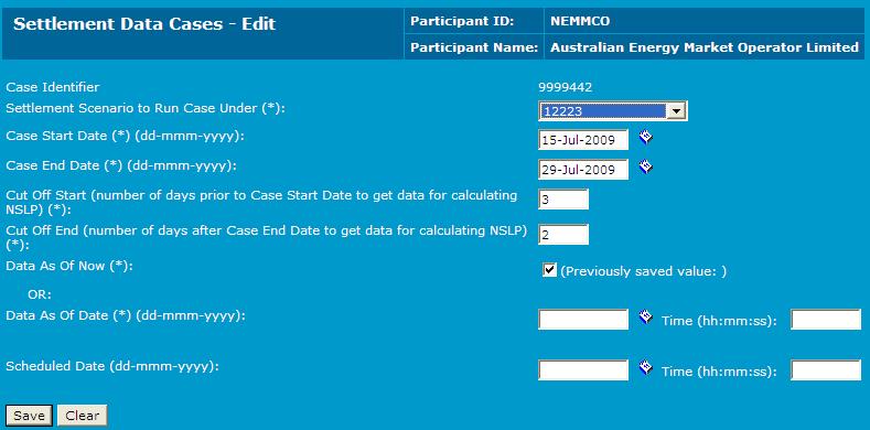 MSATS User Interface Guide - Chapter 9 Settlement Data 2. The Uncommitted Data Case - List screen displays, click Edit link in the Action column. The Settlement Data Cases - Edit screen displays.