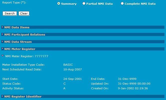 MSATS User Interface Guide - Chapter 5 NMI Information Example of the information in the NMI Register Identifier section.
