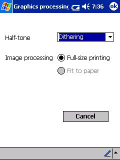 Printing Data From a Pocket PC Graphics-processing settings 1 Tap Graphics in the Print preview screen. The Graphics processing screen appears.
