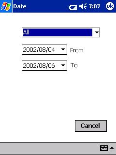 Printing Data From a Pocket PC Printing a specified date The period of time to be printed can be specified. 1 Tap Date in the Settings menu of the Schedule Print screen.