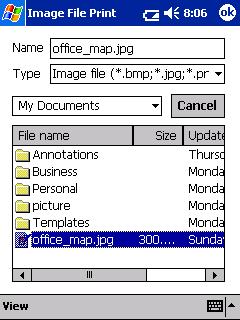 Image File Print Printing Data From a Pocket PC Saved image files (in BMP, JPEG or PNG format) can be printed. 1 Tap on the Brother MPrint screen. The Image File Print screen appears.