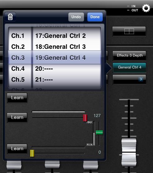 Parameter Assign window This window lets you assign the MIDI Control Change parameter to the corresponding Fader. Only one parameter can be assigned on this window.