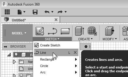 2-8 Parametric Modeling with Autodesk Fusion 360 Step 1: Creating a Rough Sketch The Sketch toolbar provides tools for creating the basic geometry that can be used to create features and parts. 1. Move the graphics cursor to the Line icon in the Sketch toolbar.