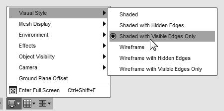 Parametric Modeling Fundamentals 2-21 Display Modes The Visual Style in the Display Settings list has six display-modes showing shaded renderings and wireframe representations of the model.