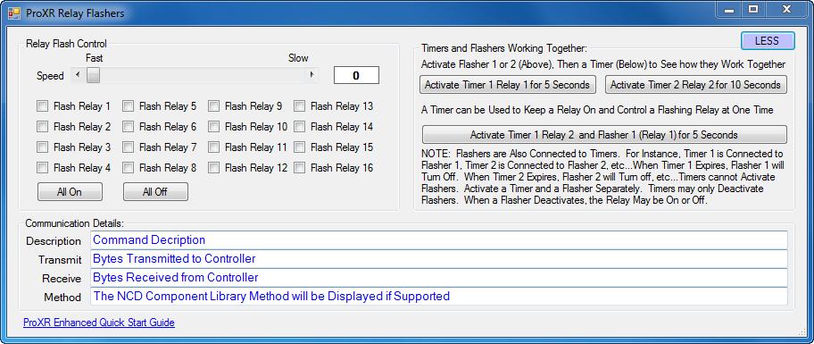 Chapter 6 ProXR Relay Flashers Command Set A. Relay Flash Control. Here you can control Flasher speed and specify the relay. B. All On/Off. Controls all relays with one command. C. Communication details.