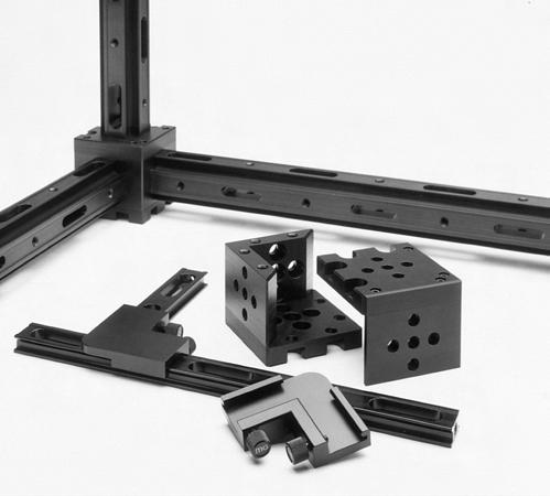 Fixed Optical Mounts Optical-Rail Connectors Both one-sided and four-sided optical rails can be connected in an L or T configuration by using the optical-rail T-connector.