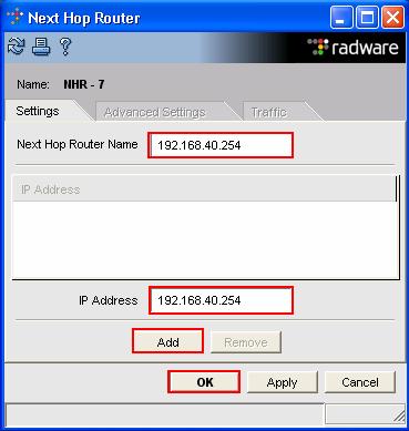 27. The Next Hop Router box appears, add the following information: Next Hop Router Name to 192.168.40.