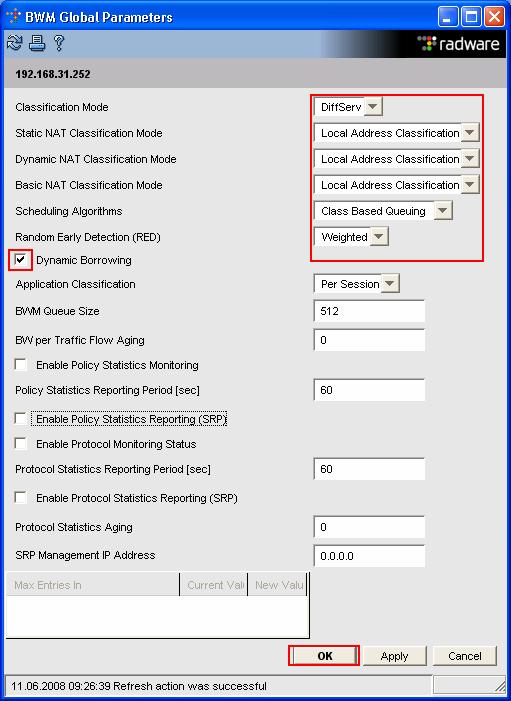 34. Set BWM Global Parameters, click the pull down tab for the following: Classification Mode to DiffServ.