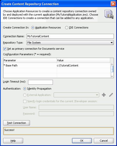 Step 2: Create a Connection for the Documents Service Figure 4 9 Create Content Repository Connection 10. Click OK. 11.
