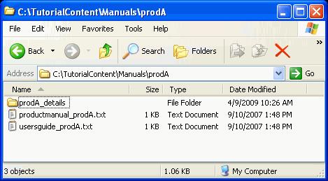 Let s examine the content repository, in this case on your file system. Notice the proda_details folder also exists in your C:\TutorialContent\Manuals\prodA directory (Figure 4 23).