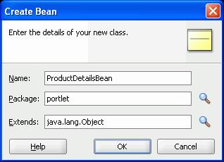 Step 2: Create the JavaBeans to Store the Standards-Based Portlet Information Figure 5 20 Create ProductDetailsBean This creates a new bean called ProductDetailsBean in the portlet package. 5. Click OK.