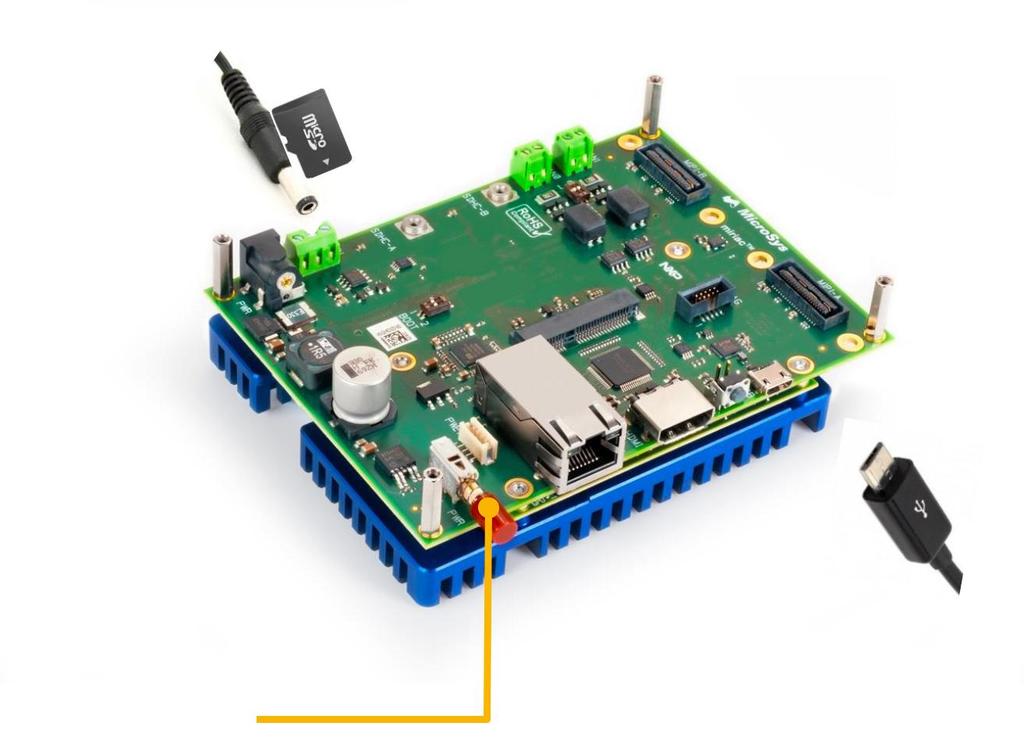Out-of-box experience: SBC-S32V234 2 of 2 Connect Power Supply and USB Cable Connect board with 12V/2A DC power supply. Keep the board 1 power off.