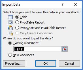 Once back in Excel we see a new form with several options. First, we can return a table, a pivot table or a table and a pivot table.