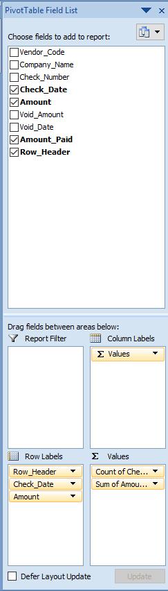 Adding fields to the Pivot Table Drag the Row_Header to the Row Labels box Drag the Check_Date to the Row Labels box. Drag the Amount to the Row Labels box.