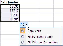 3. Click and drag the fill handle across the cells to which you want to copy the formula. 4. Release the mouse button to copy the formula.