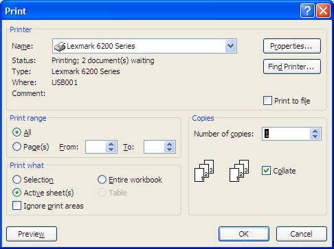 3. Select Print. The following dialog box displays. Note: If printing Selection or more than one Active sheet, those selections must be selected prior to selecting Print as indicated at #1 above.