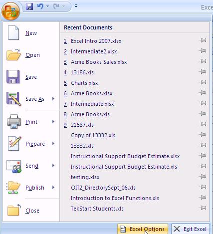 OR Browse topics here Customizing Excel There are many features you can customize in Excel. To change these features, click the Office button in the upper-left corner of the Excel screen.