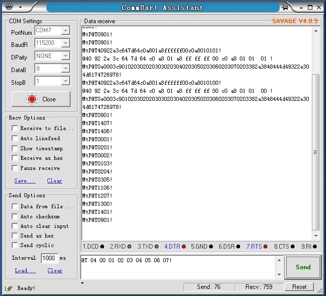 3). Enter Port Command in Send options. Picture 7 4). Command Command Function Note @T 04 00 01 02 03 04 05 06 07! @T 50! @T 51! @T 0F 00!